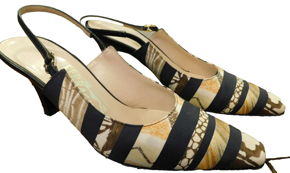 Salvatore Ferragamo animal print Slingback 3" heels Pumps Fabric Leather sz 6.5